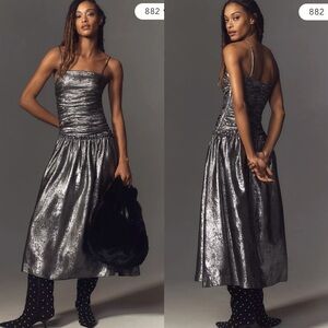 La Maise Studio Ruched Drop-Waist Foil Midi Dress